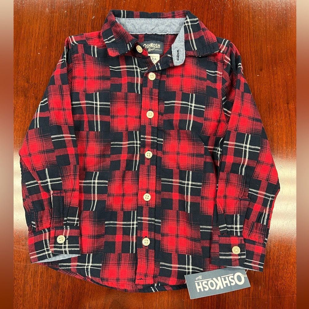 OshKosh B'gosh Boys Red and Navy Checkered Shirt Sz 2T